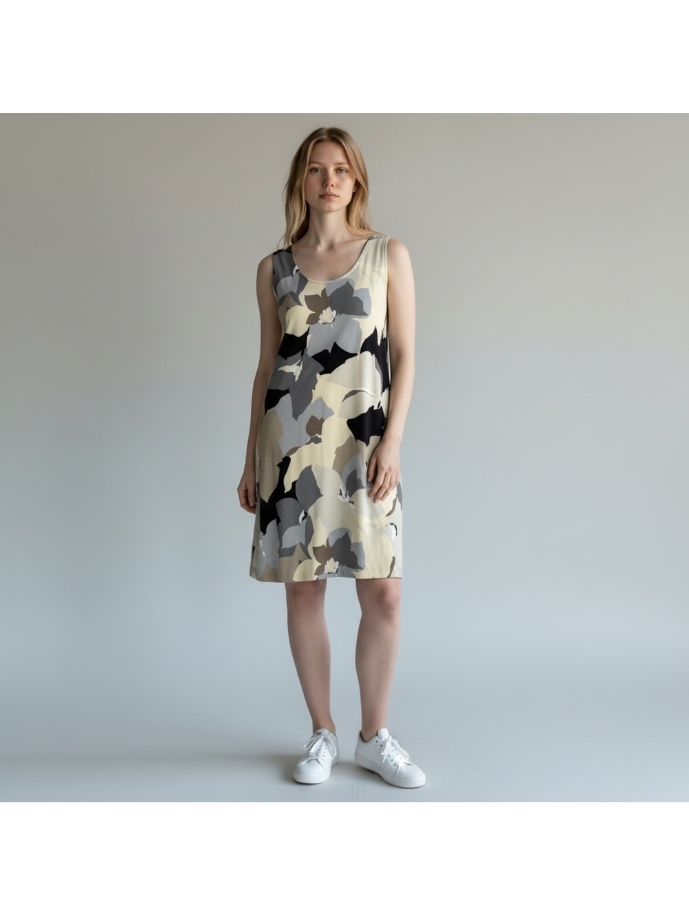 Isaac Mizrahi Live! Sleeveless Shift Dress 1XP Abstract Floral Mesh Trim Neutral